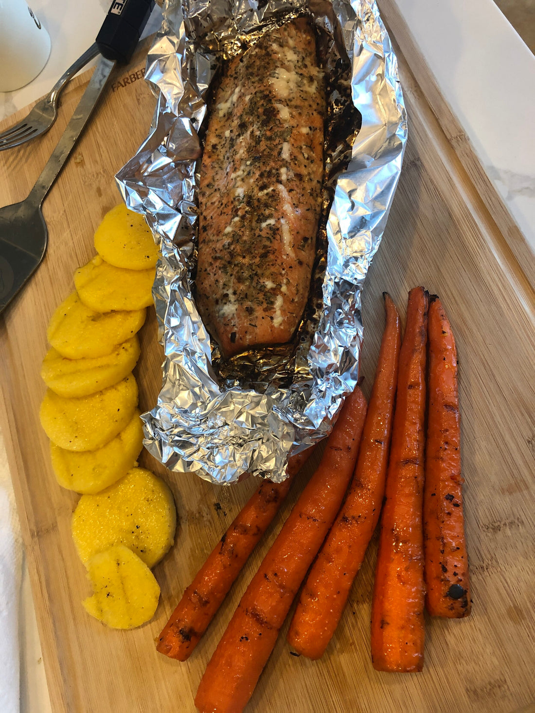 Salmon, Polenta, and Grilled Carrots
